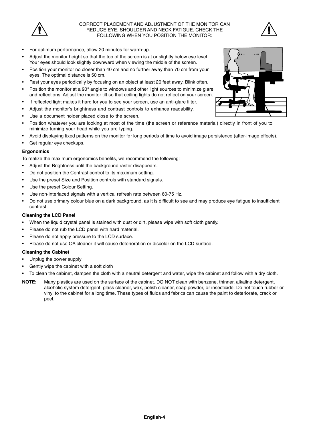NEC L227HR user manual Ergonomics, Cleaning the LCD Panel, Cleaning the Cabinet, English-4 