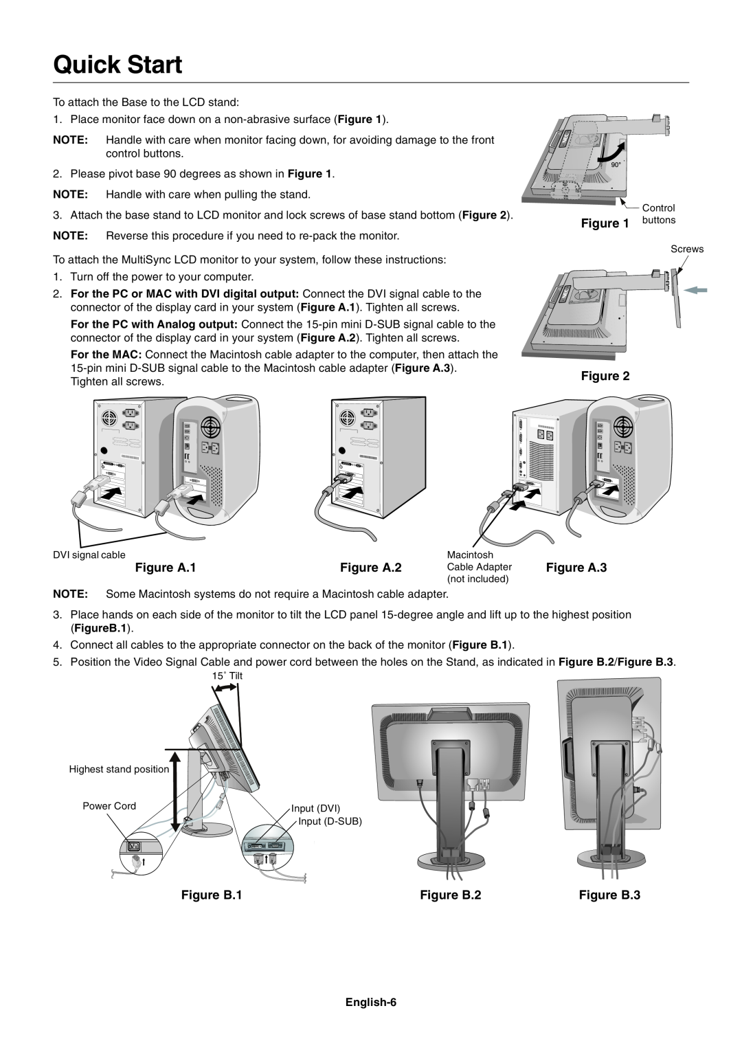 NEC L227HR user manual Quick Start, Figure A.1, Figure A.2, Figure B.1, Figure B.2, Figure B.3, English-6 