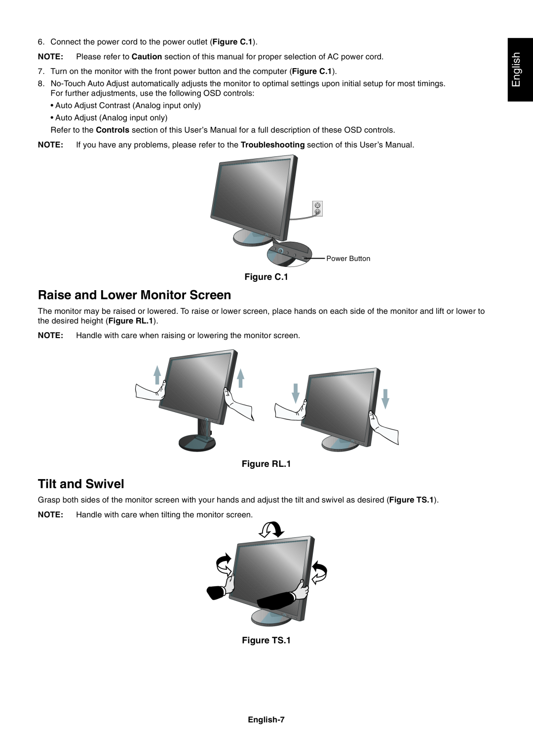 NEC L227HR user manual Raise and Lower Monitor Screen, Tilt and Swivel, Figure C.1, Figure RL.1, Figure TS.1, English-7 