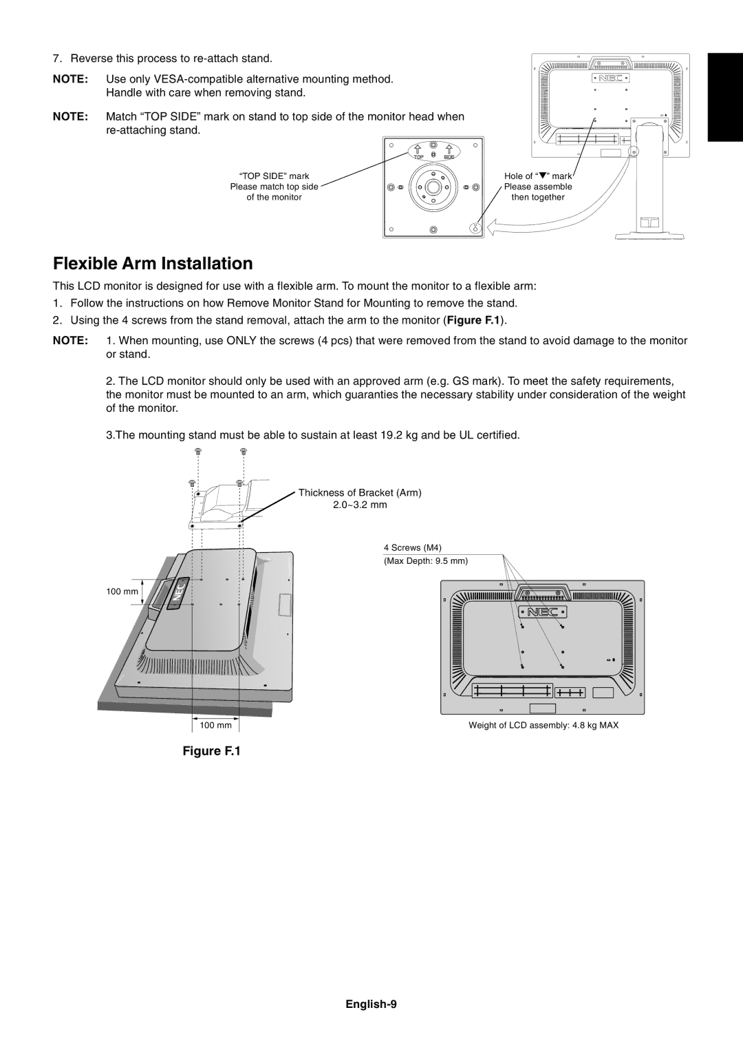 NEC L227HR user manual Flexible Arm Installation, English-9 