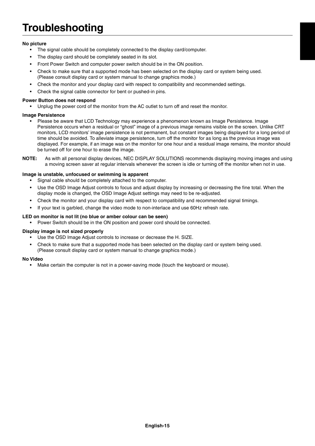 NEC L227HR user manual Troubleshooting 