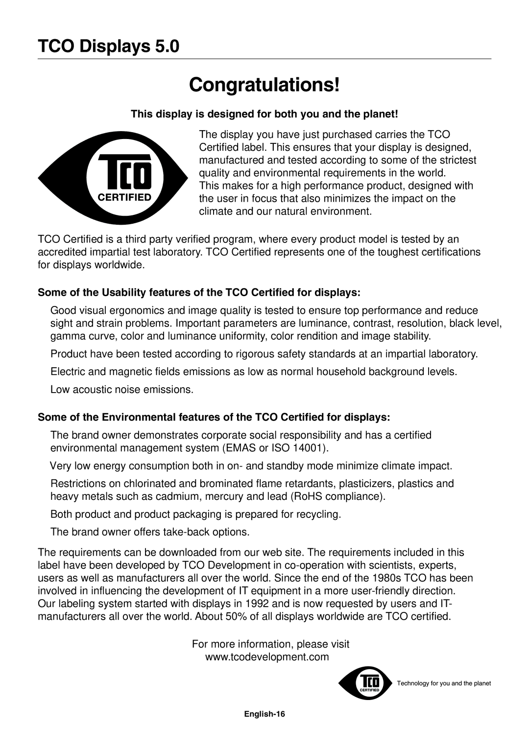 NEC L227HR user manual TCO Displays, English-16 