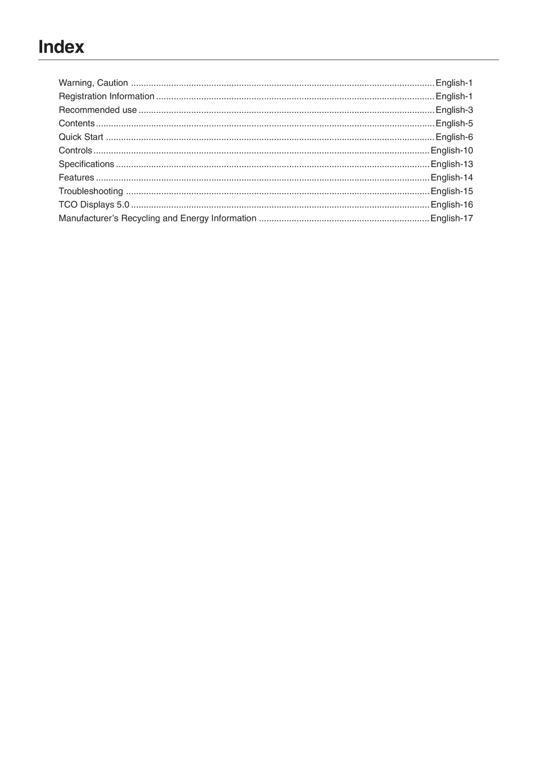 NEC L227HR user manual Index, English-17 