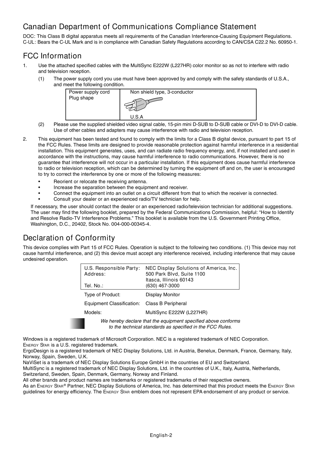 NEC L227HR Canadian Department of Communications Compliance Statement, FCC Information, Declaration of Conformity 