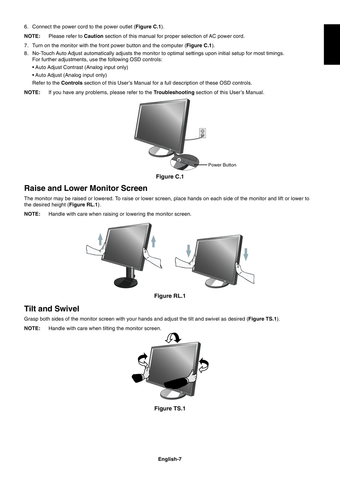 NEC L227HR user manual Raise and Lower Monitor Screen, Tilt and Swivel, English-7 