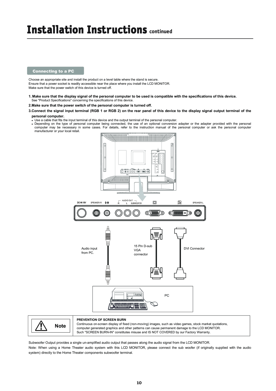 NEC L234GC, LCD2335WXM manual Installation Instructions continued, Connecting to a PC, Prevention Of Screen Burn 
