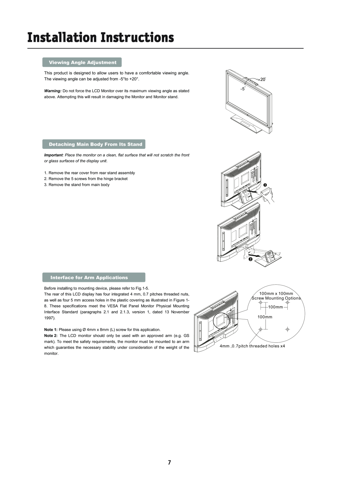 NEC LCD2335WXM, L234GC manual Installation Instructions, Viewing Angle Adjustment, Detaching Main Body From Its Stand 