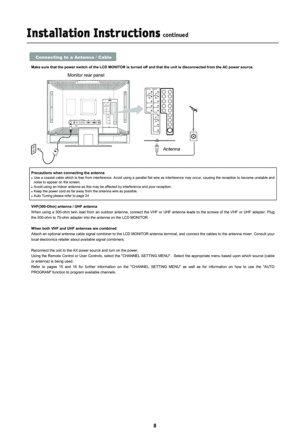 NEC L234GC Connecting to a Antenna / Cable, Precautions when connecting the antenna, VHF300-Ohm antenna / UHF antenna 