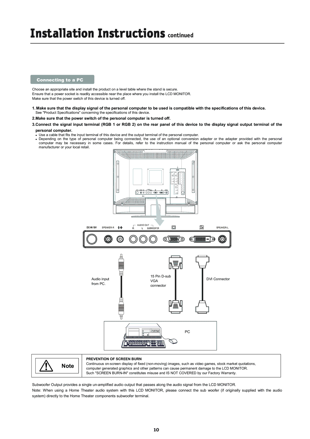 NEC L234GC, LCD2335WXM manual Connecting to a PC, Prevention of Screen Burn 