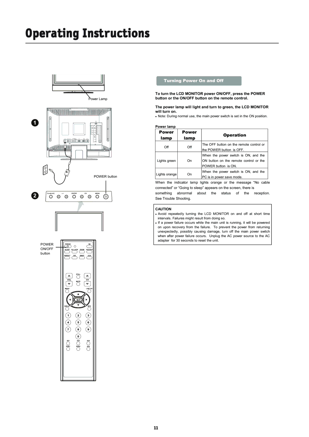 NEC LCD2335WXM, L234GC manual Operating Instructions, Turning Power On and Off, Power Operation Lamp, Power lamp 