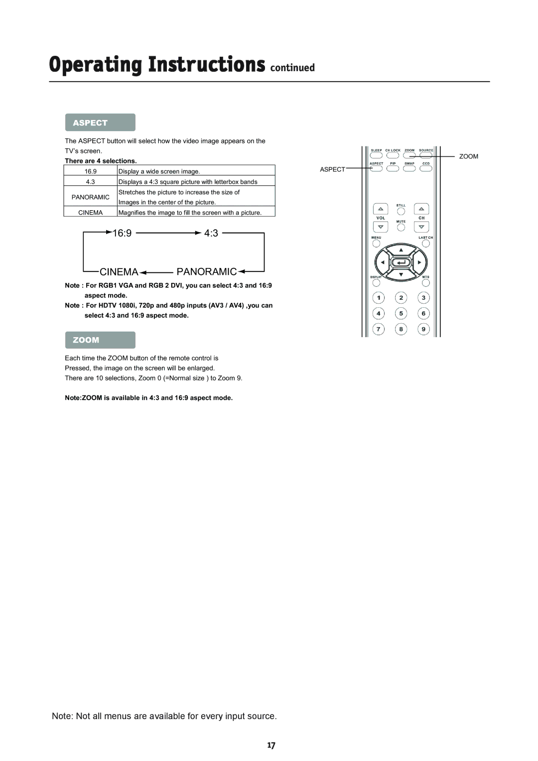 NEC LCD2335WXM, L234GC There are 4 selections, Aspect mode Select 43 and 169 aspect mode, Panoramic, Cinema, Zoom Aspect 