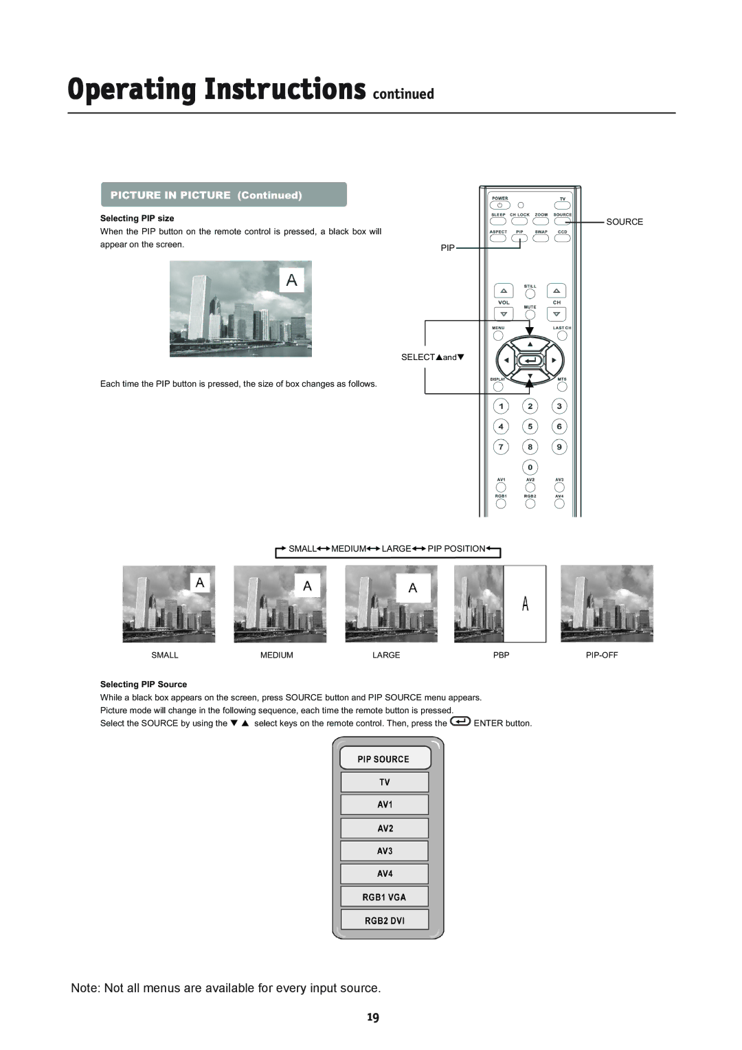 NEC LCD2335WXM, L234GC manual Picture in Picture, Selecting PIP size, Source PIP, Large PIP Position Small Medium PBP 