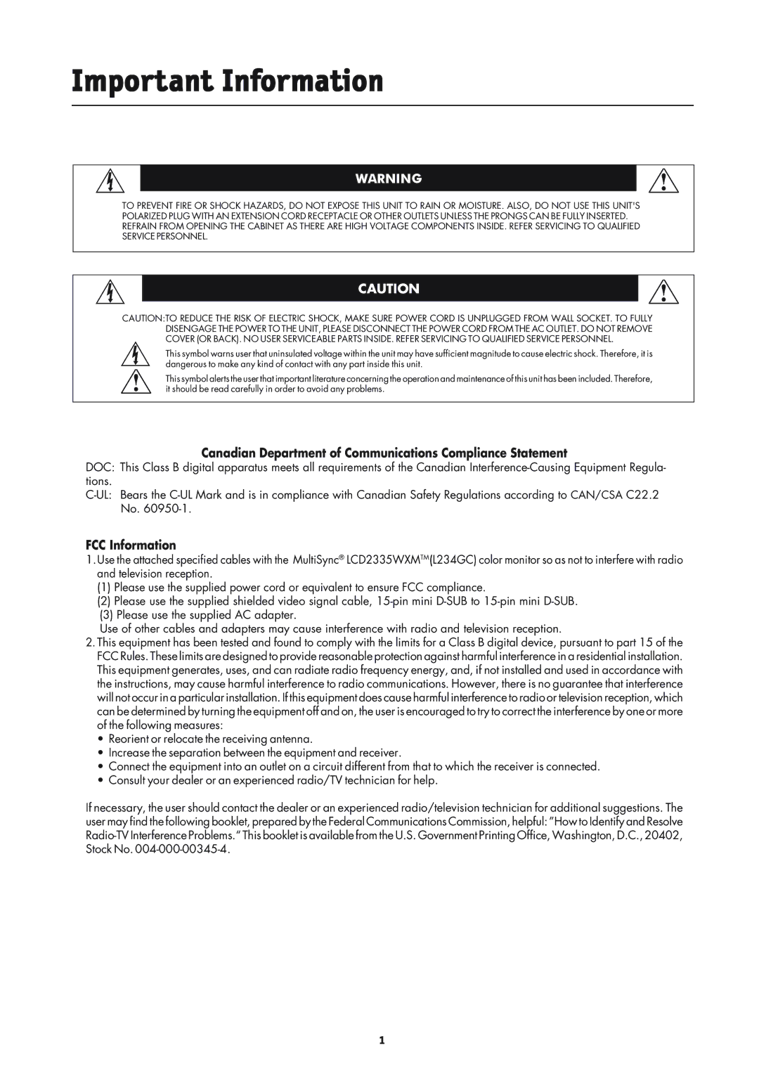 NEC LCD2335WXM, L234GC manual Important Information, Canadian Department of Communications Compliance Statement 