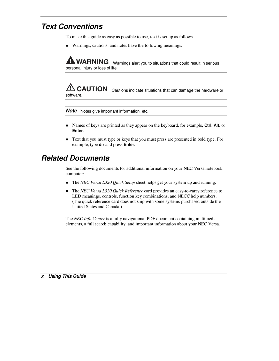 NEC L320 manual Text Conventions, Related Documents 