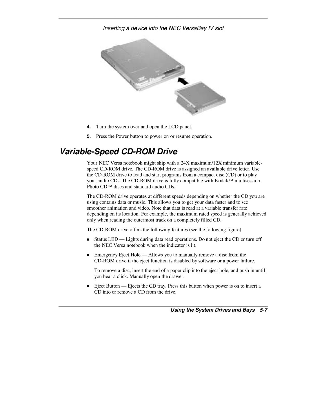 NEC L320 manual Variable-Speed CD-ROM Drive, Inserting a device into the NEC VersaBay IV slot 