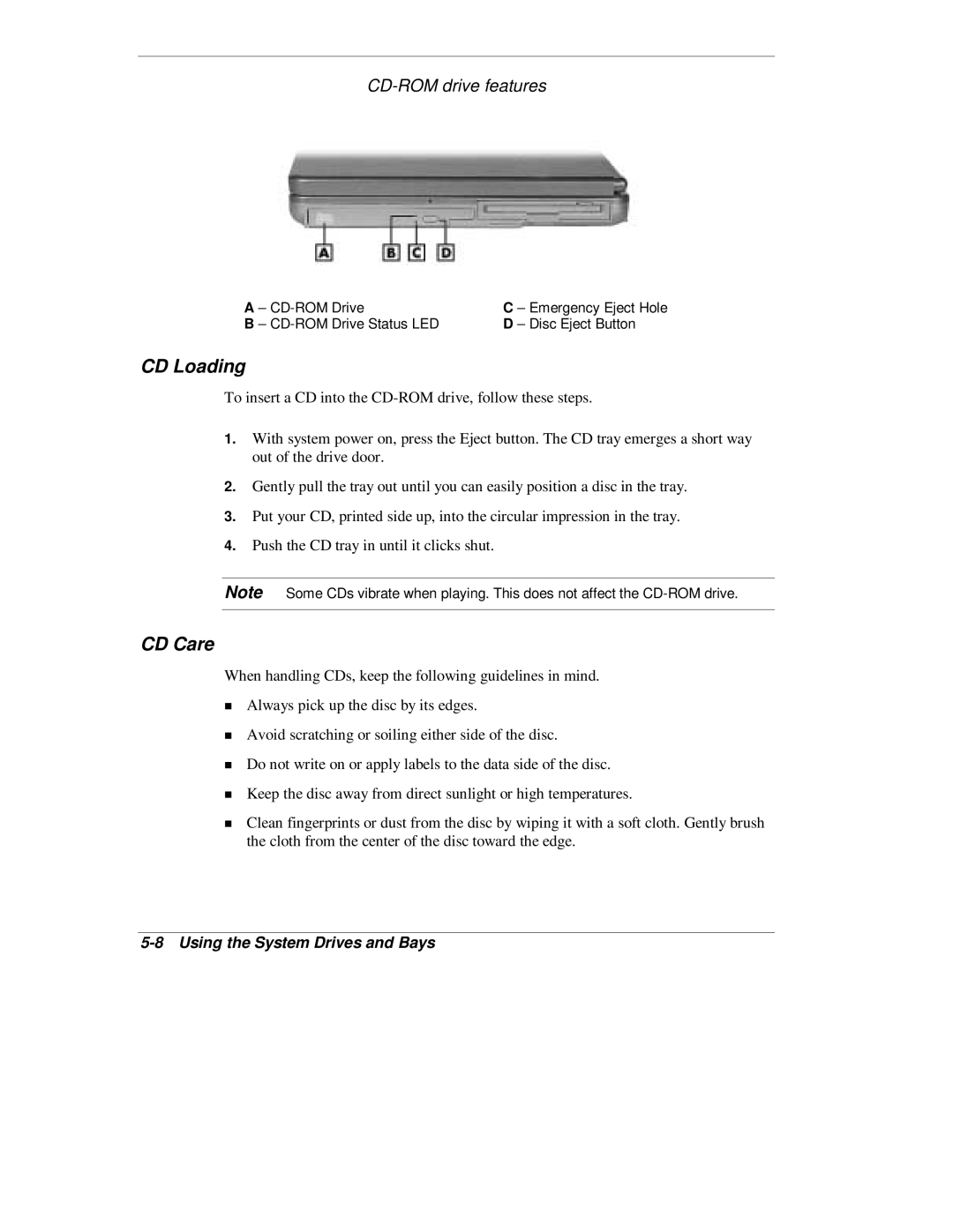 NEC L320 manual CD Loading, CD Care, CD-ROM drive features 