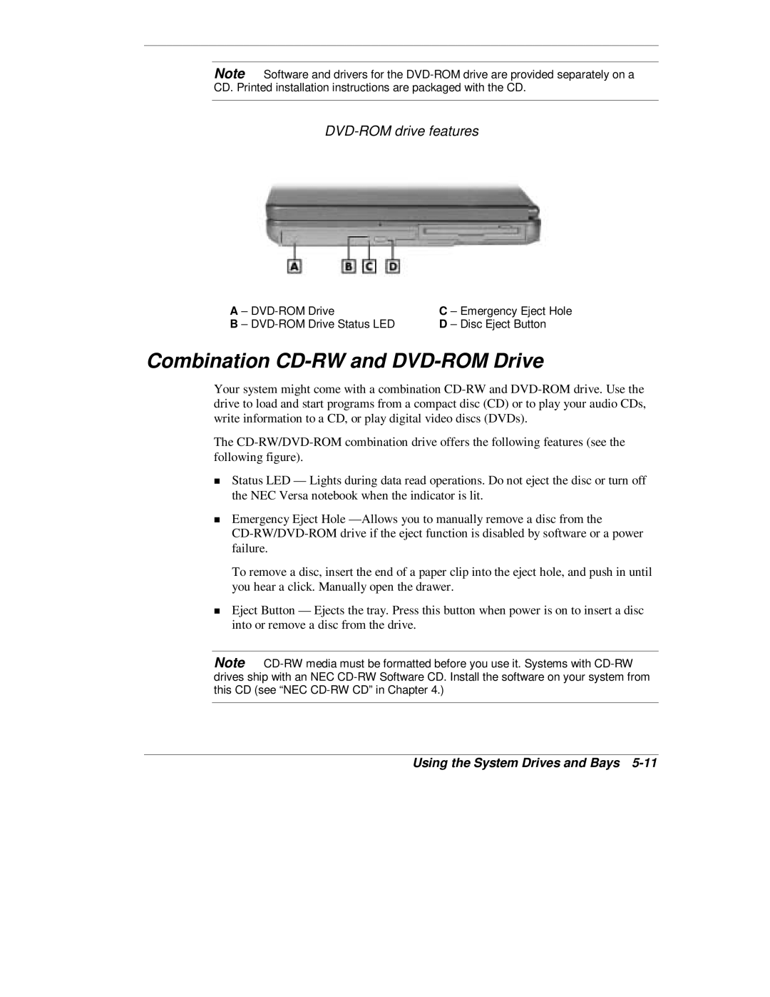 NEC L320 manual Combination CD-RW and DVD-ROM Drive, DVD-ROM drive features 