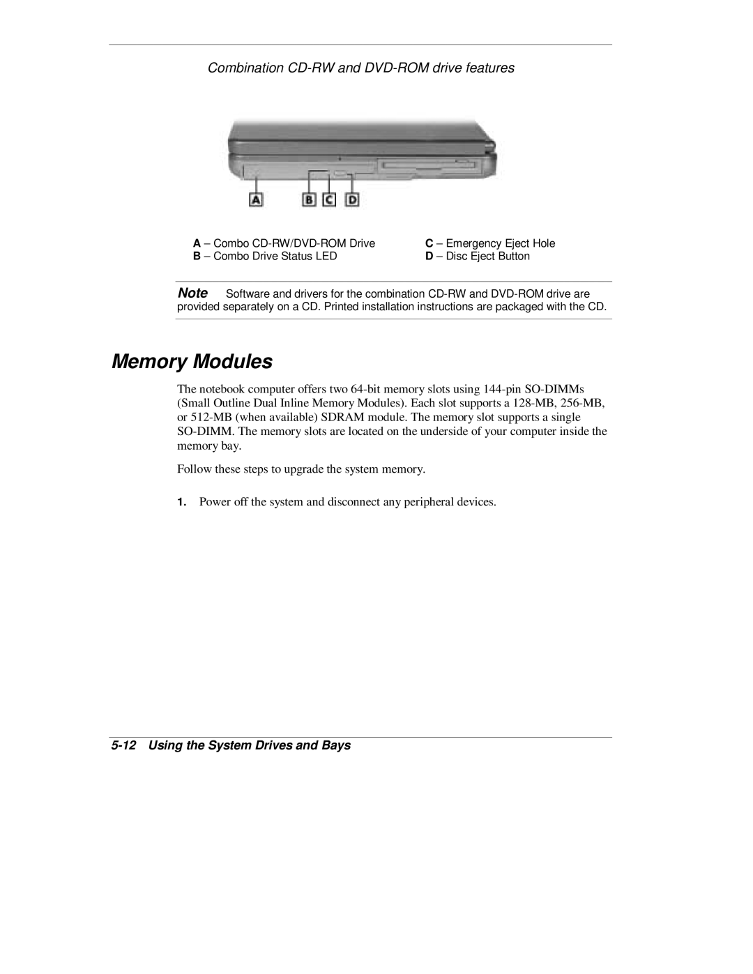 NEC L320 manual Memory Modules, Combination CD-RW and DVD-ROM drive features 