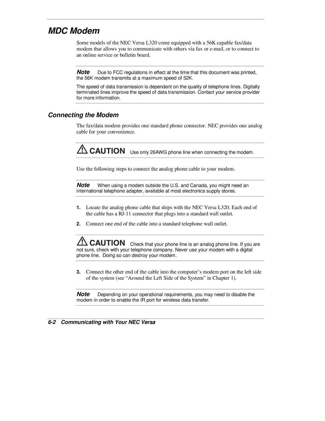 NEC L320 manual MDC Modem, Connecting the Modem, Communicating with Your NEC Versa 