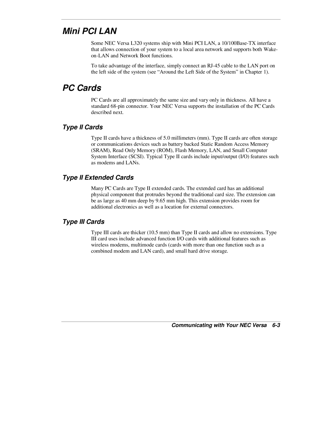 NEC L320 manual Mini PCI LAN, PC Cards, Type II Cards, Type II Extended Cards, Type III Cards 