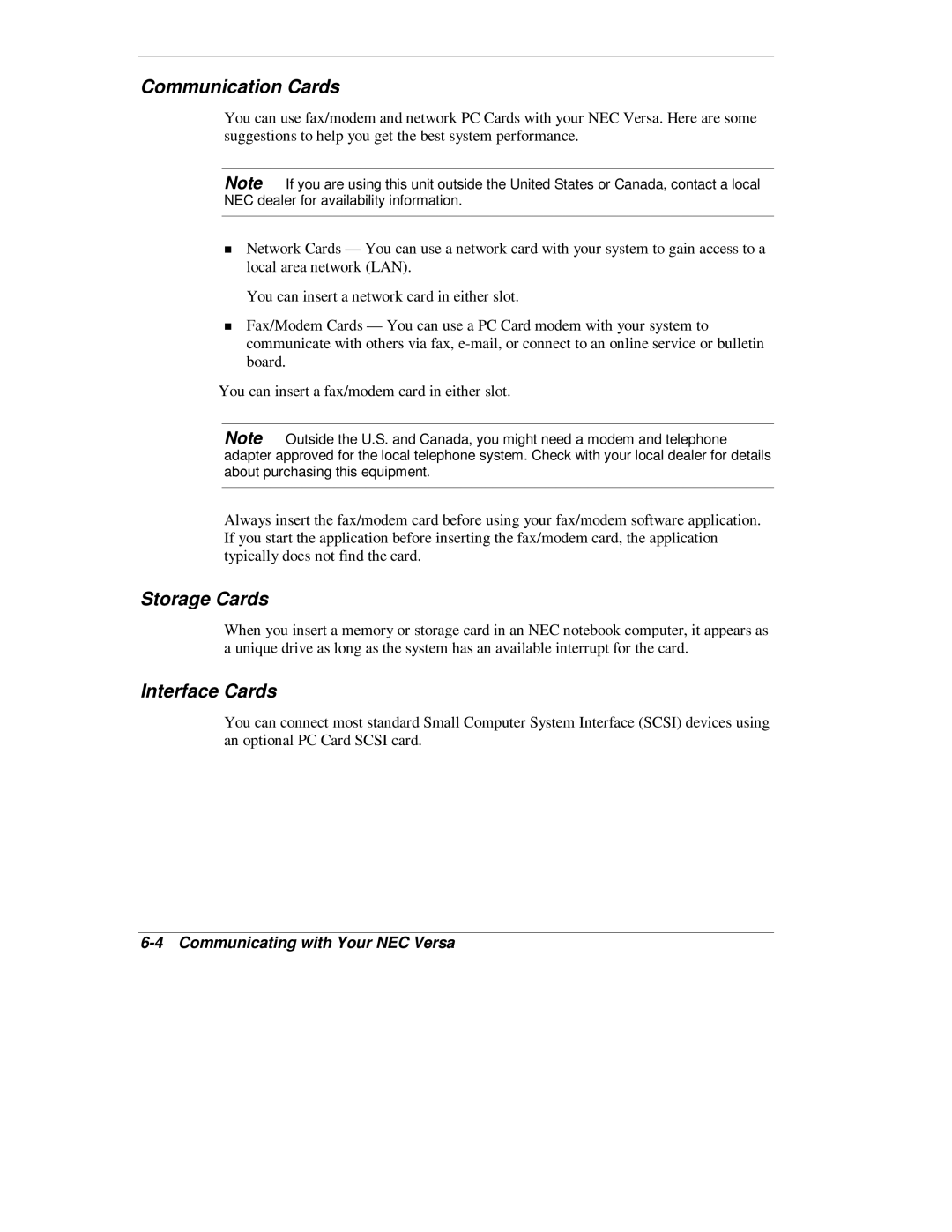 NEC L320 manual Communication Cards, Storage Cards, Interface Cards 