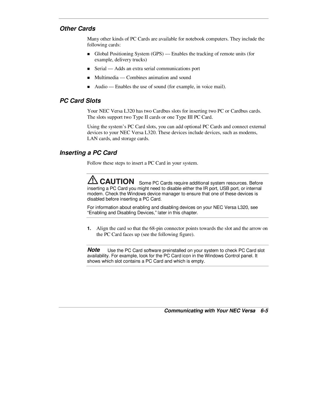 NEC L320 manual Other Cards, PC Card Slots, Inserting a PC Card 