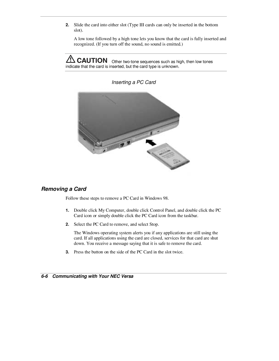 NEC L320 manual Removing a Card, Inserting a PC Card 