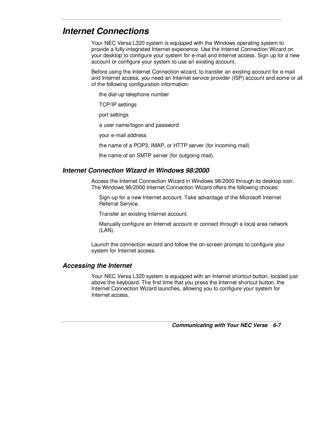 NEC L320 manual Internet Connections, Internet Connection Wizard in Windows 98/2000, Accessing the Internet 