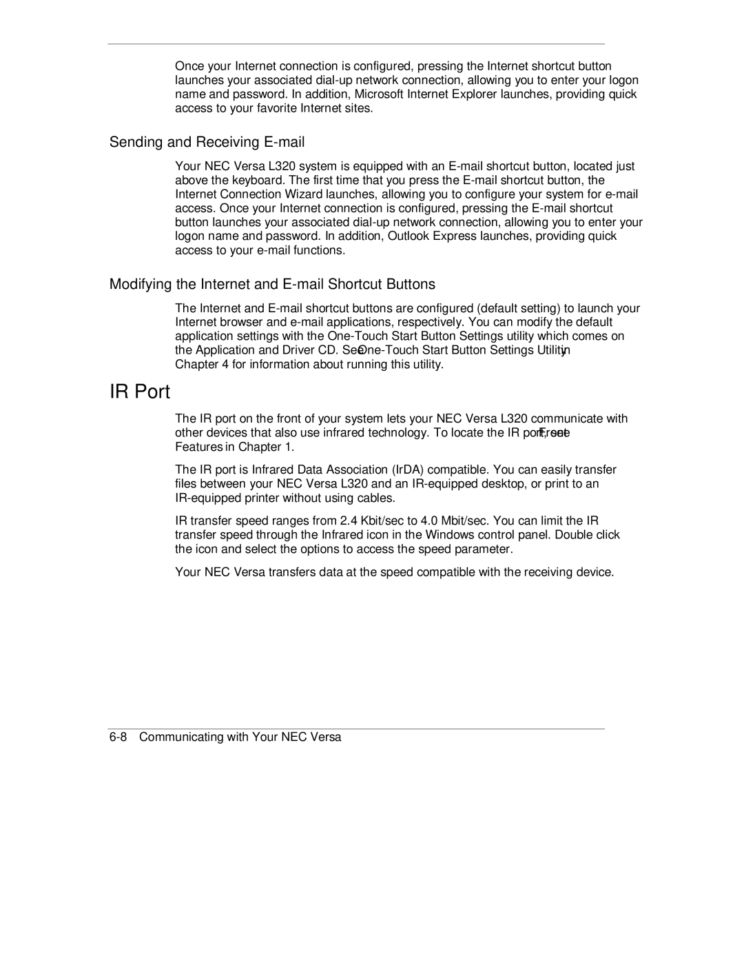 NEC L320 manual IR Port, Sending and Receiving E-mail, Modifying the Internet and E-mail Shortcut Buttons 