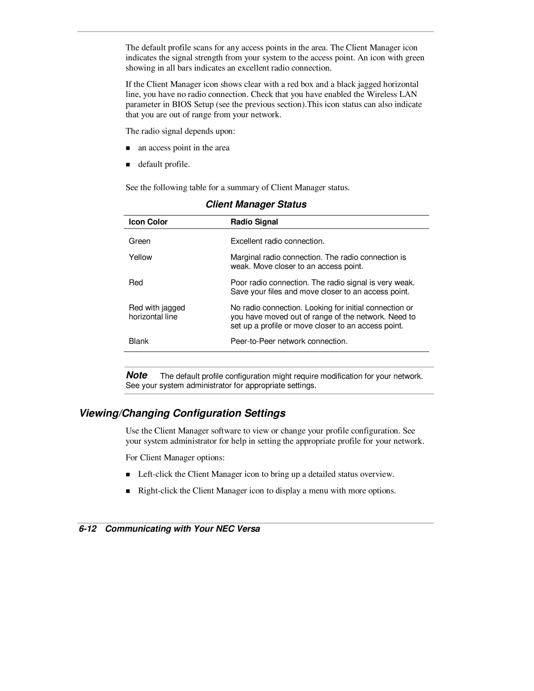 NEC L320 manual Viewing/Changing Configuration Settings, Client Manager Status 