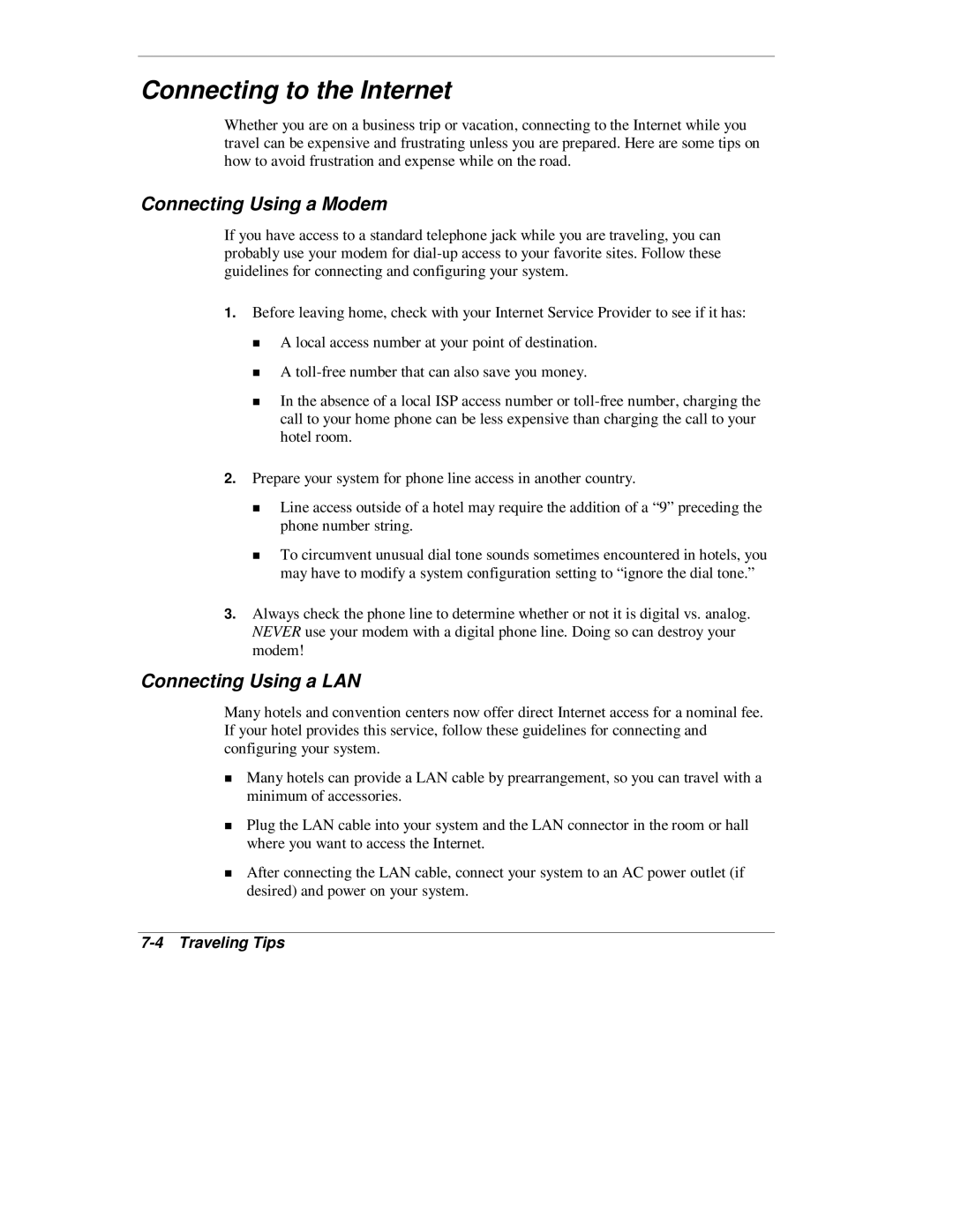 NEC L320 manual Connecting to the Internet, Connecting Using a Modem, Connecting Using a LAN 