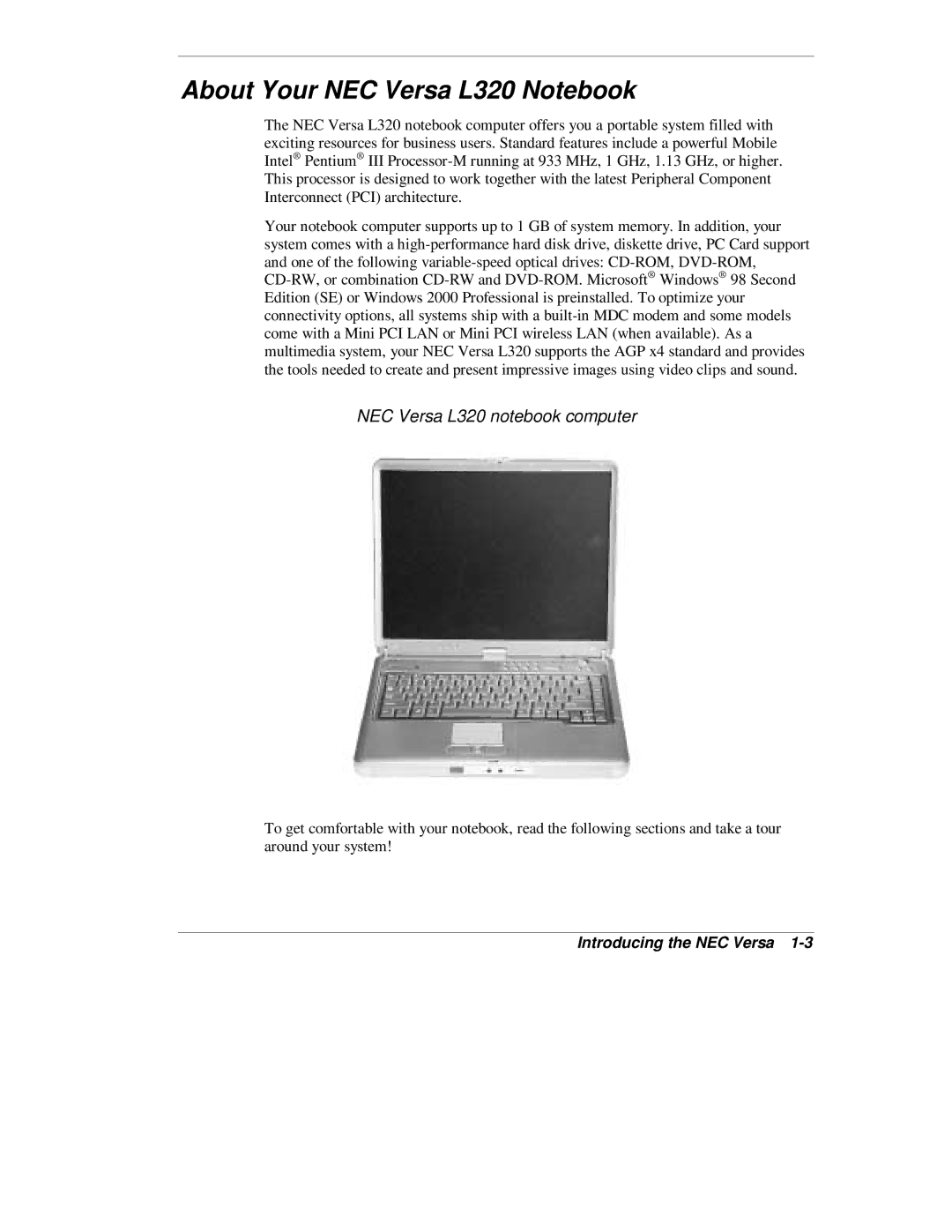 NEC manual About Your NEC Versa L320 Notebook, NEC Versa L320 notebook computer 