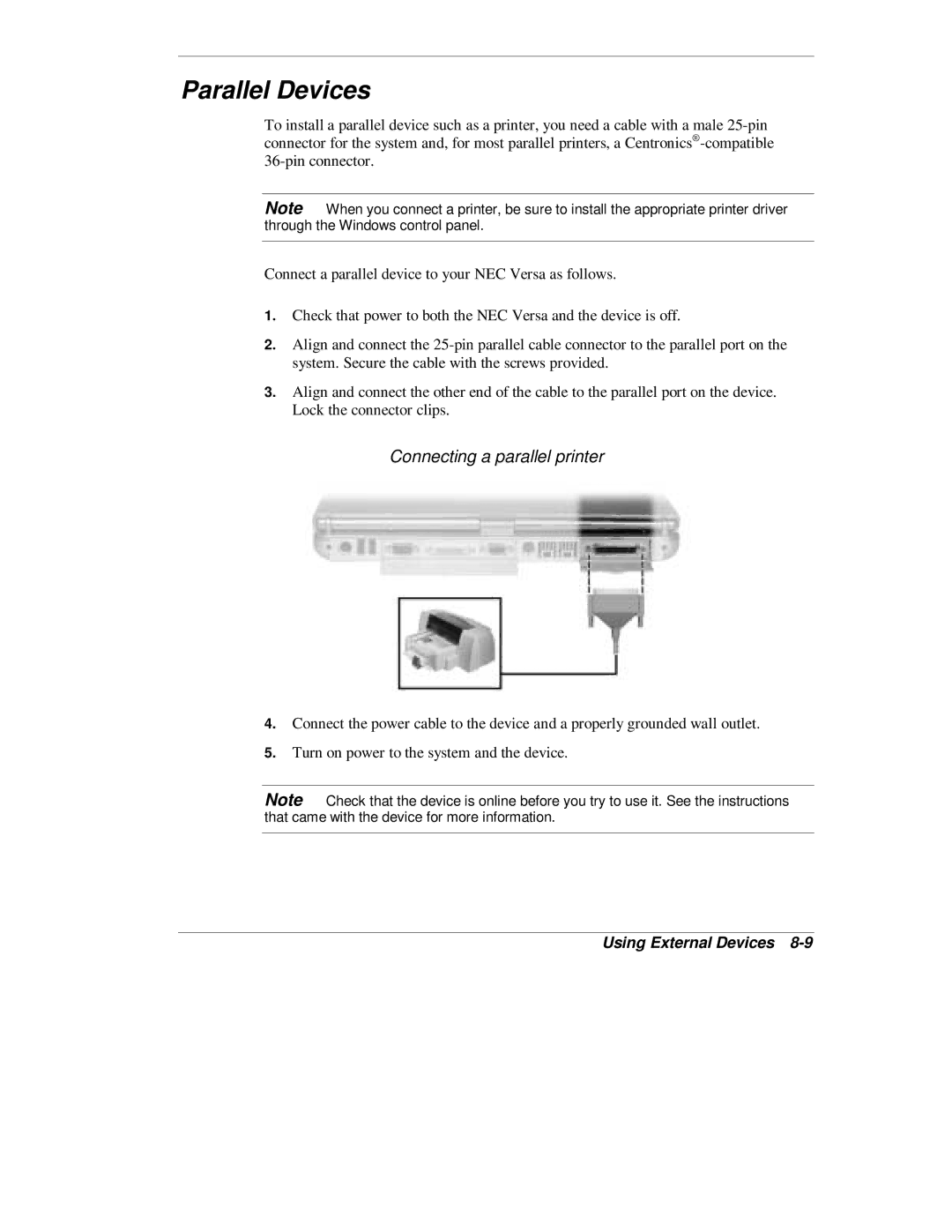 NEC L320 manual Parallel Devices, Connecting a parallel printer 