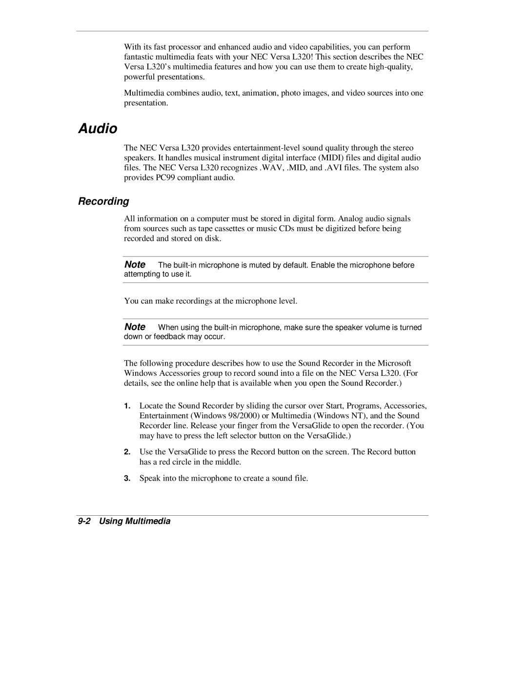 NEC L320 manual Audio, Recording, Using Multimedia 