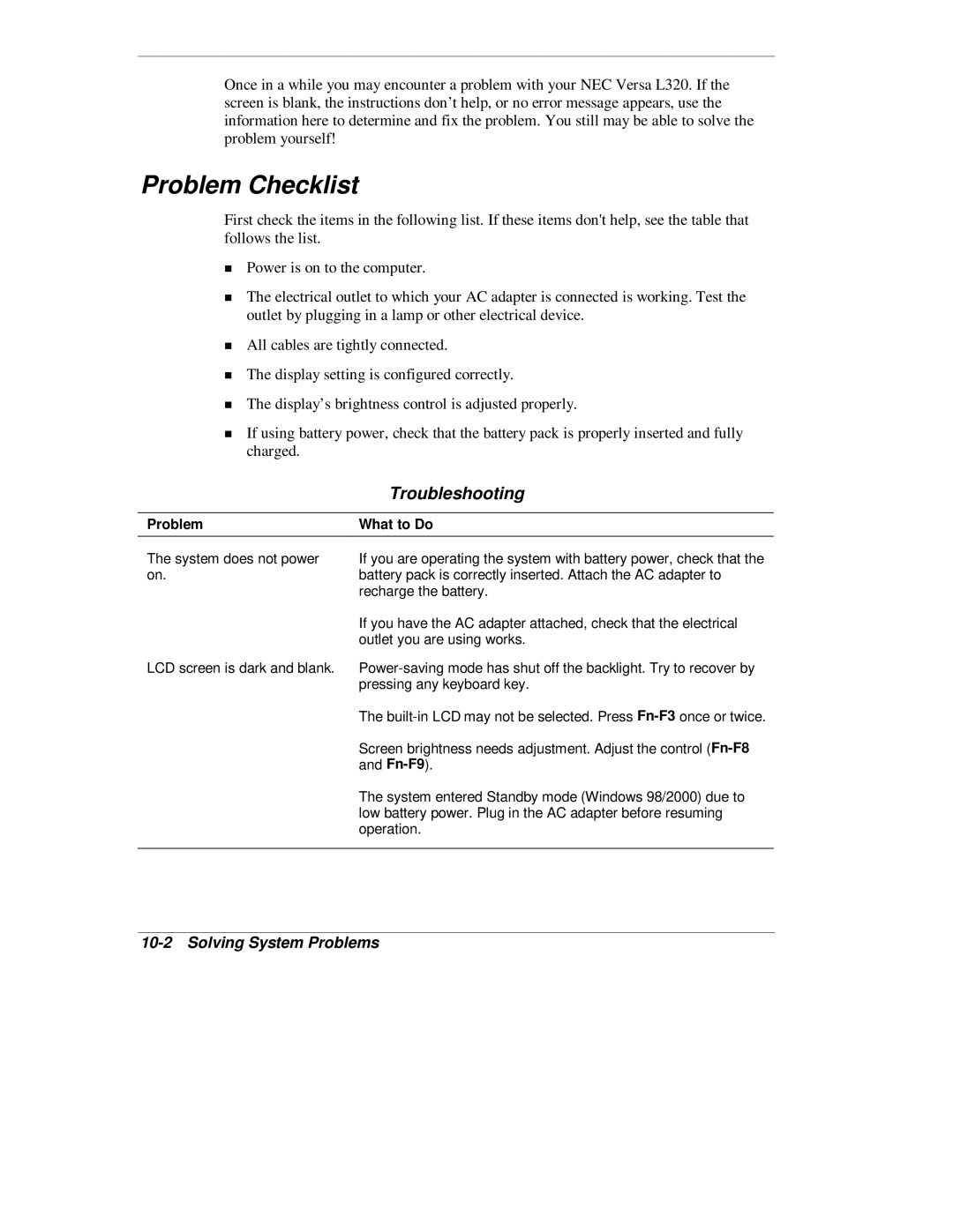 NEC L320 manual Problem Checklist, Troubleshooting, Solving System Problems 