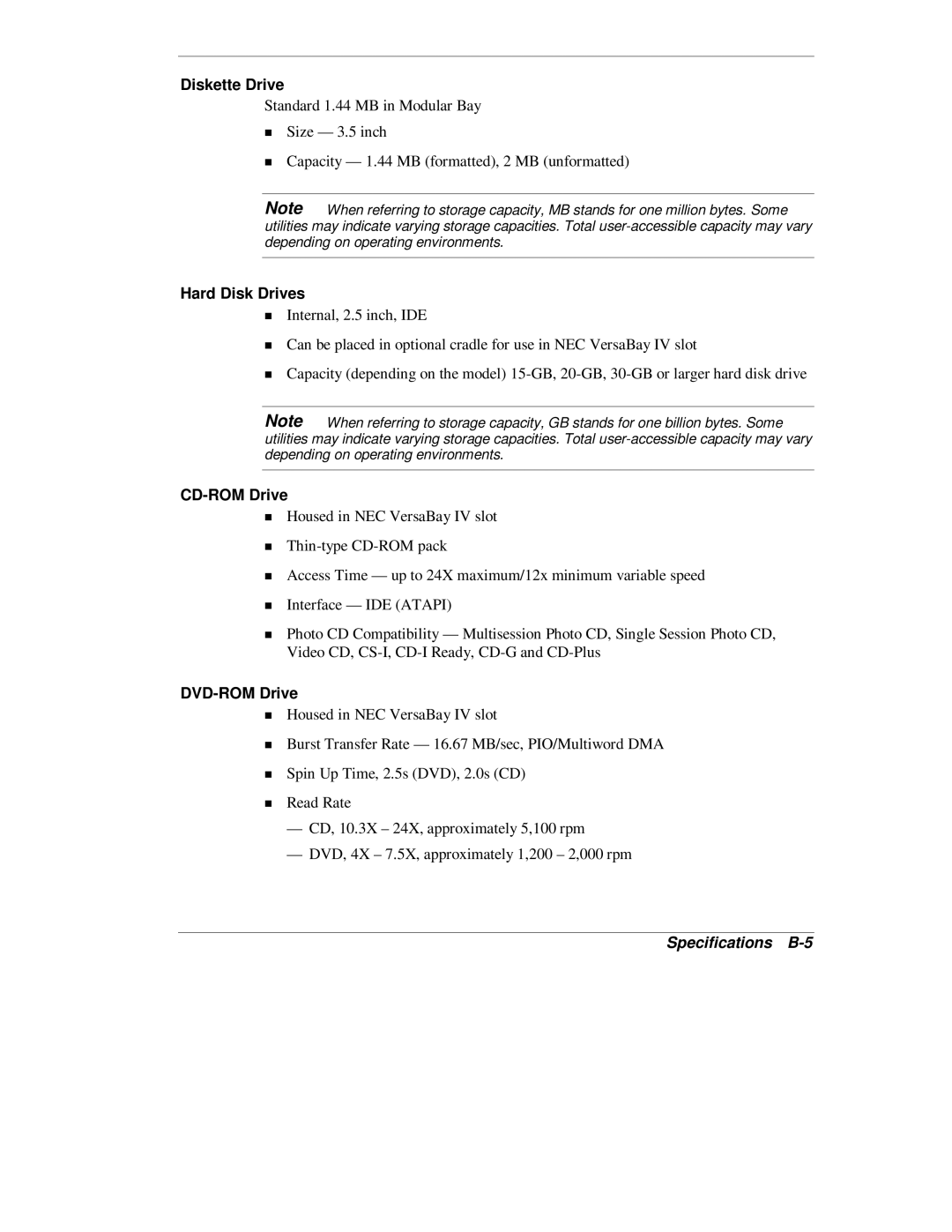 NEC L320 manual Diskette Drive, Specifications B-5 