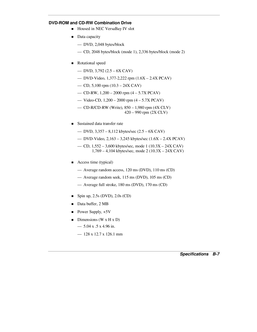 NEC L320 manual DVD-ROM and CD-RW Combination Drive, Specifications B-7 