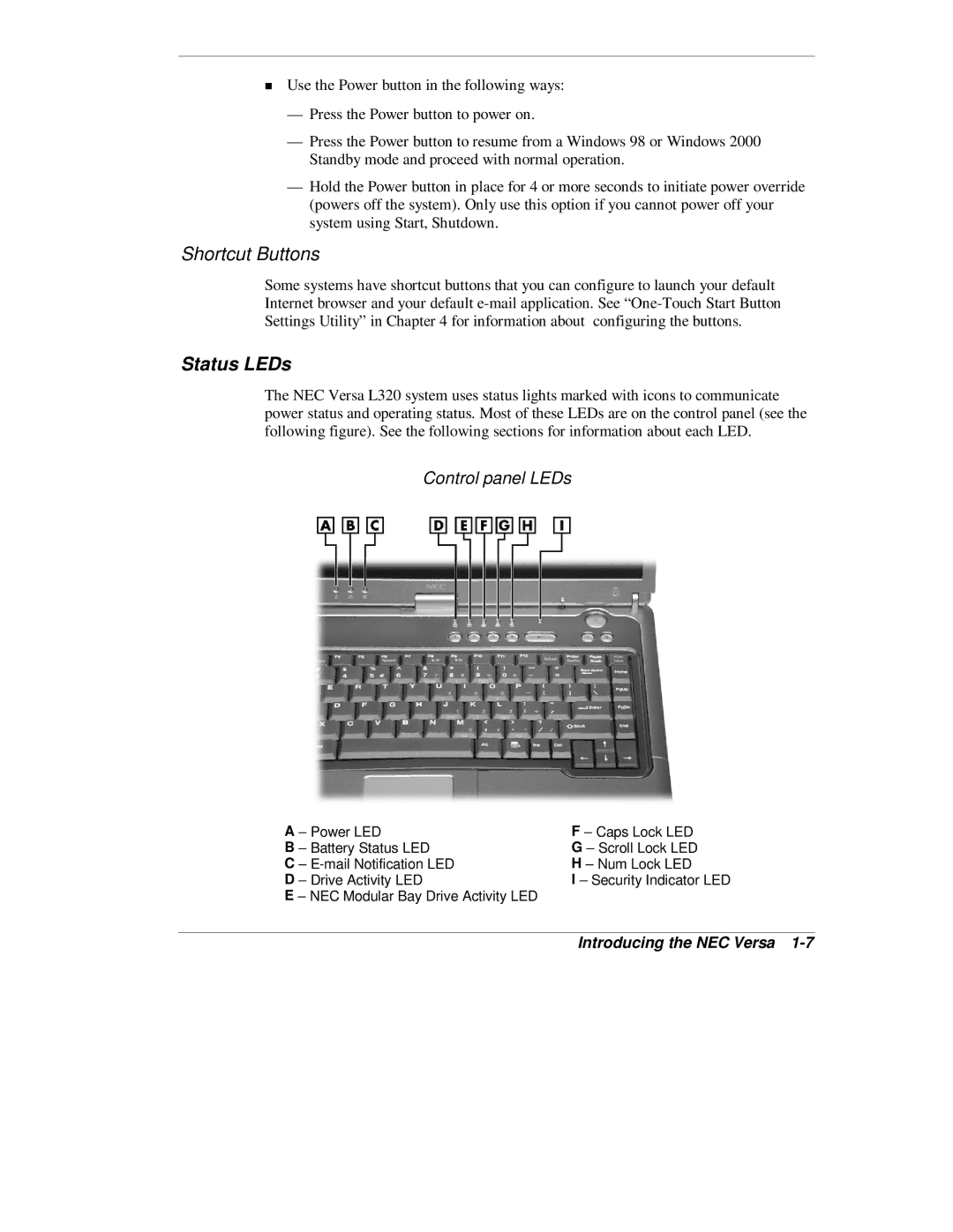 NEC L320 manual Shortcut Buttons, Status LEDs, Control panel LEDs 