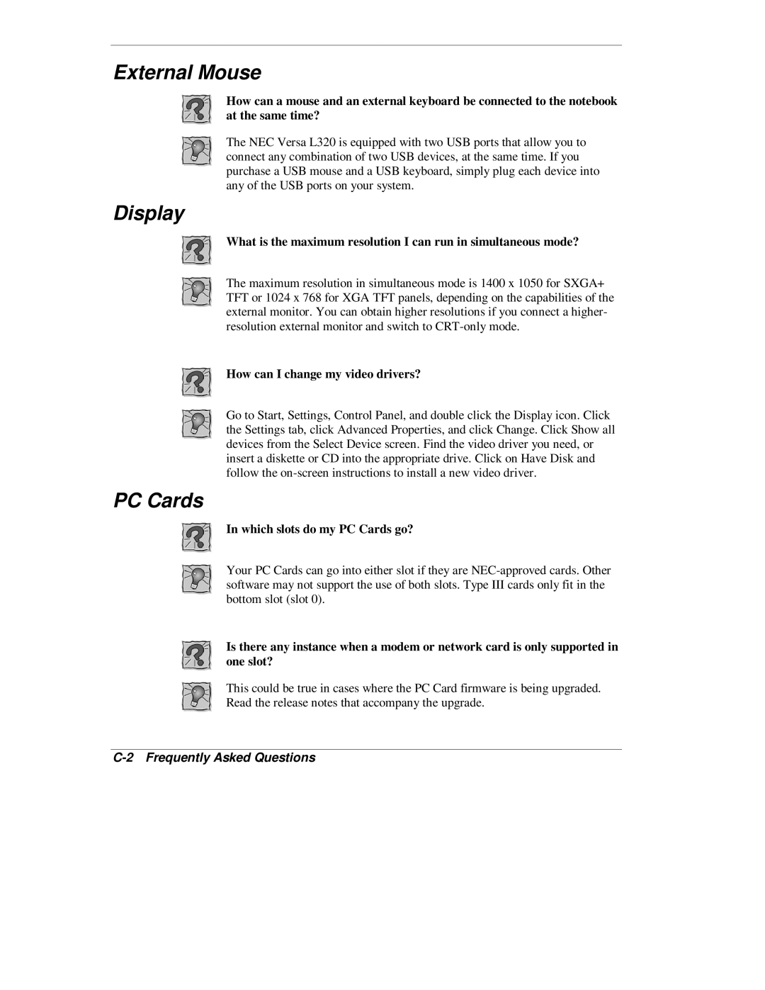 NEC L320 manual External Mouse, Display, Frequently Asked Questions 