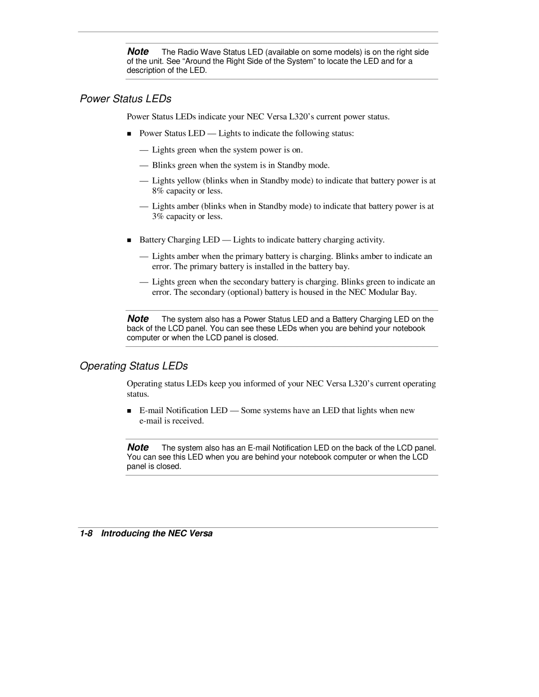 NEC L320 manual Power Status LEDs, Operating Status LEDs 