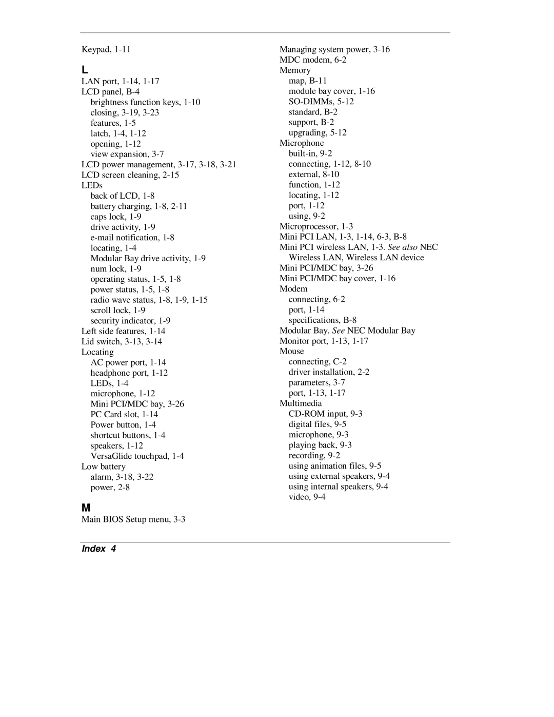 NEC L320 manual Index 