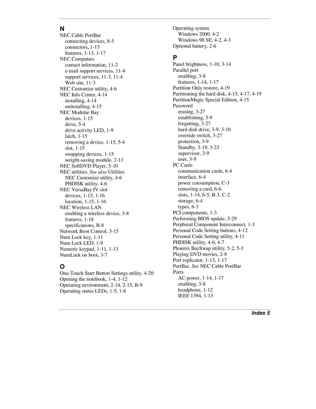 NEC L320 manual Index 