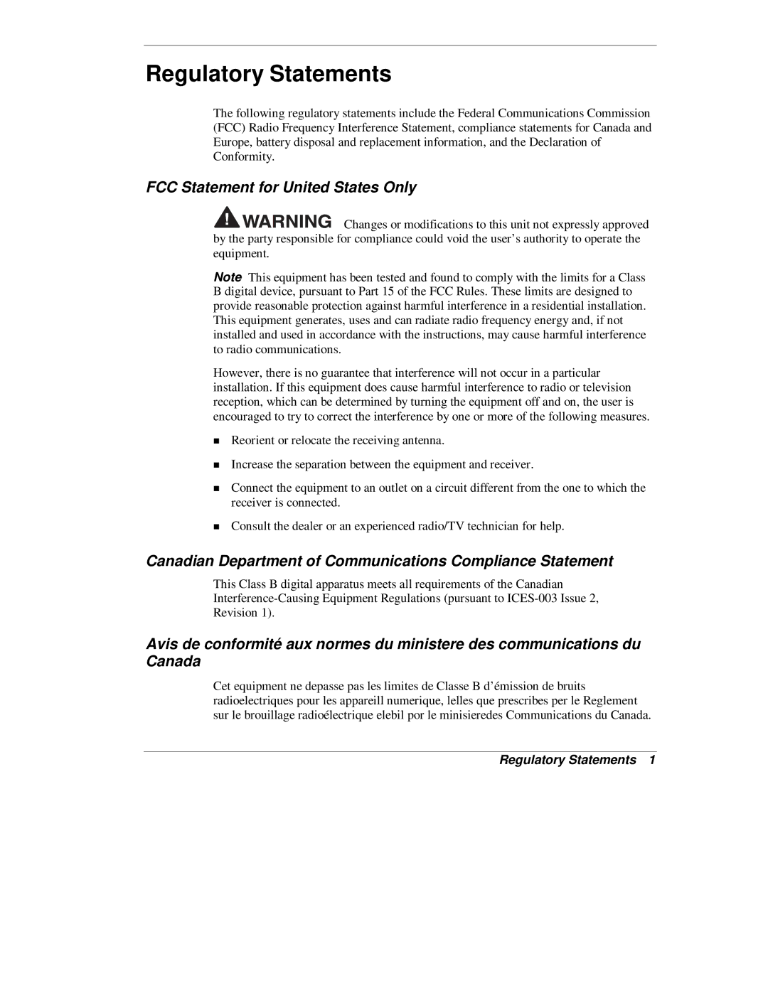 NEC L320 manual Regulatory Statements, FCC Statement for United States Only 