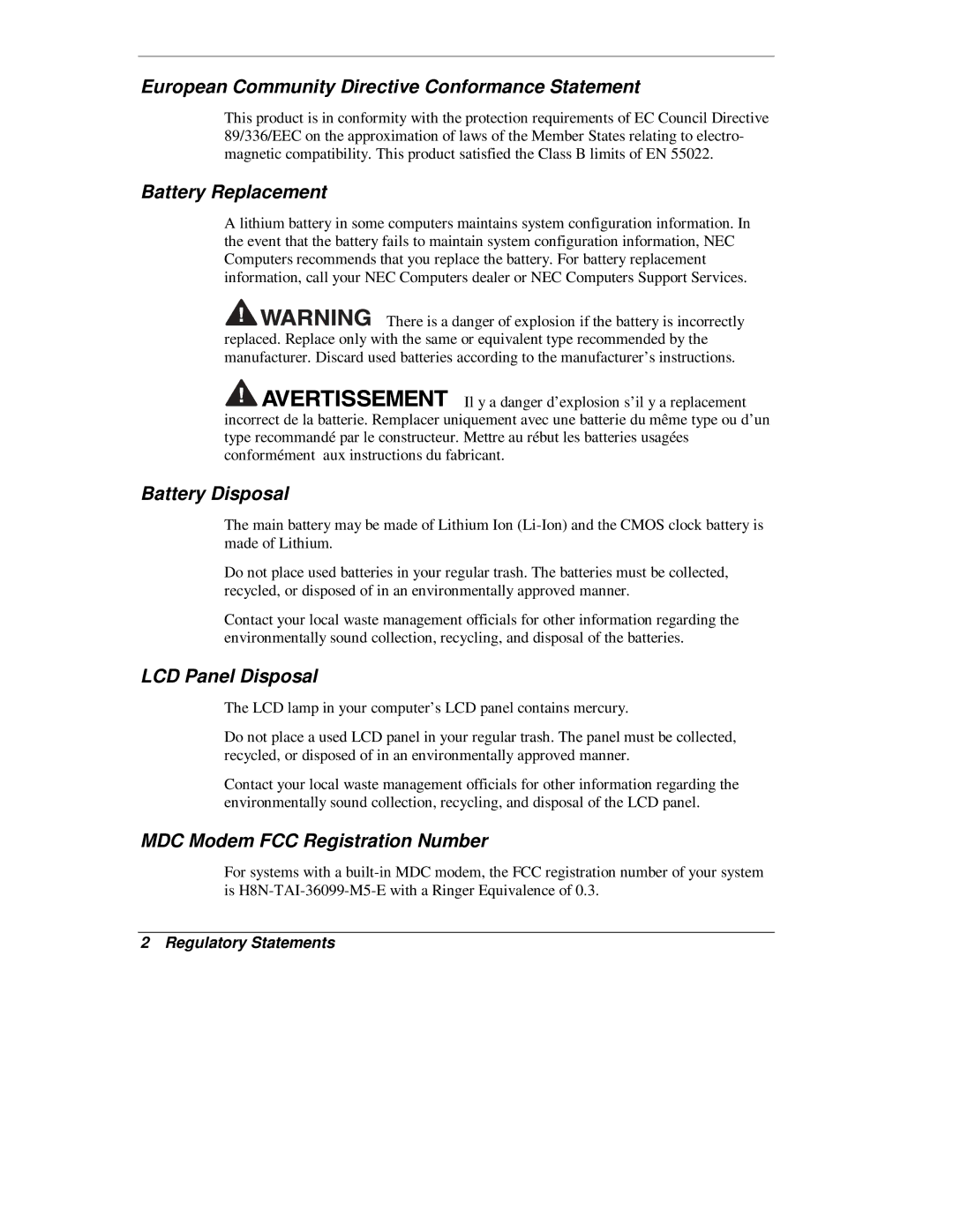 NEC L320 European Community Directive Conformance Statement, Battery Replacement, Battery Disposal, LCD Panel Disposal 