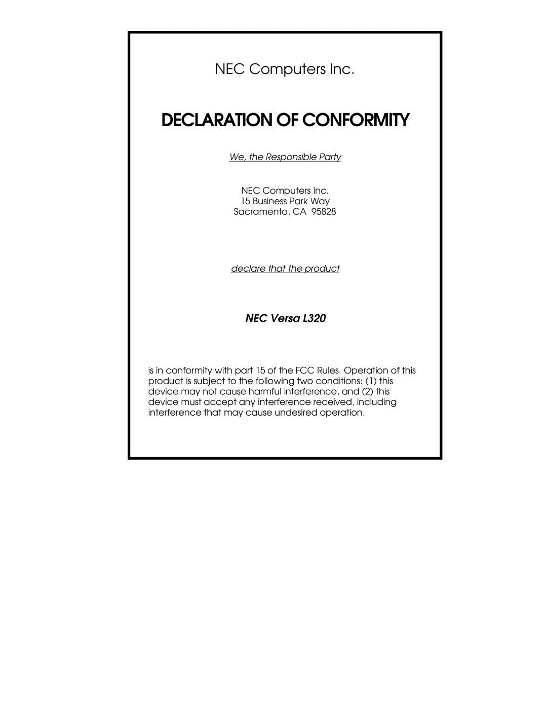 NEC L320 manual Declaration of Conformity 