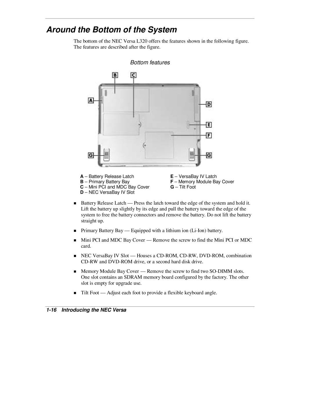 NEC L320 manual Around the Bottom of the System, Bottom features 