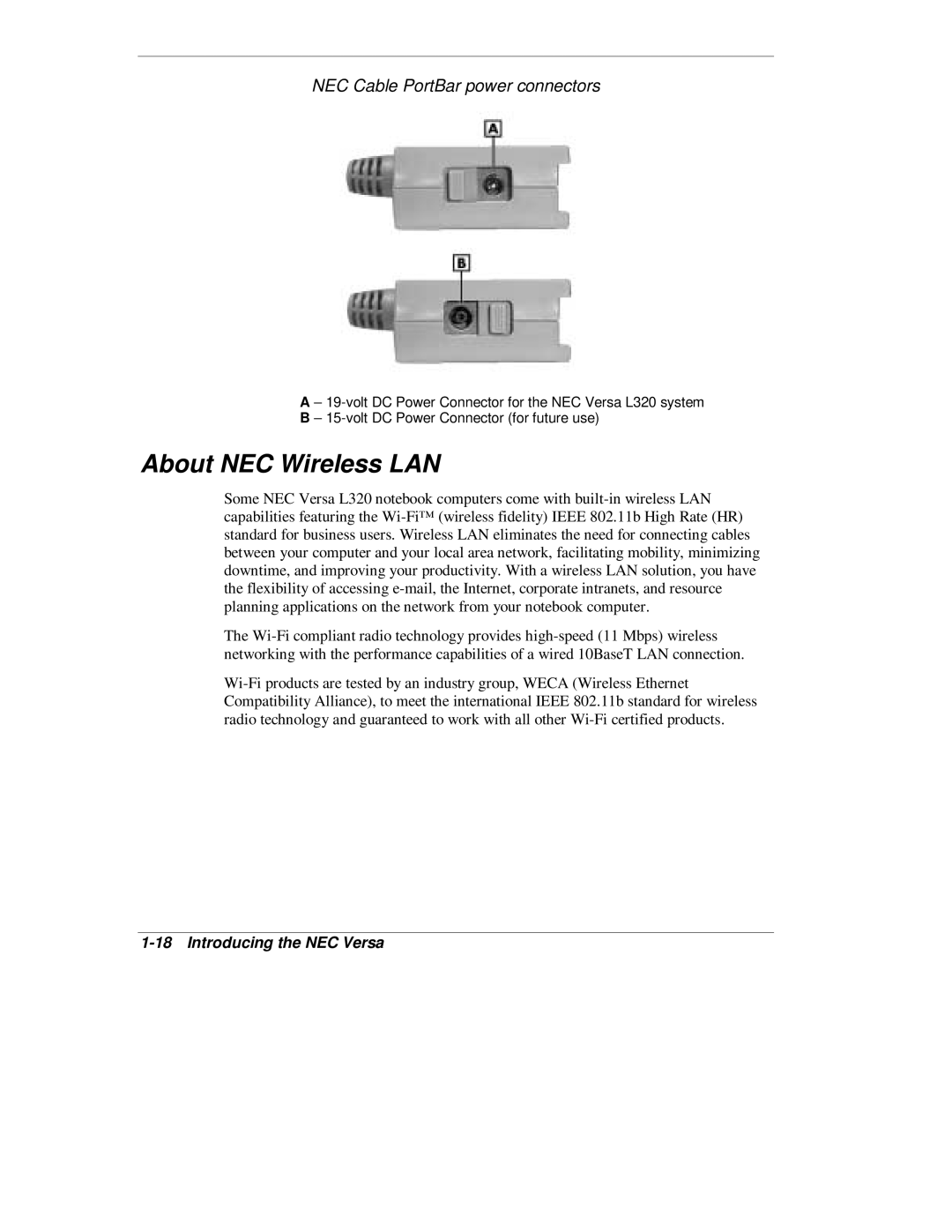 NEC L320 manual About NEC Wireless LAN, NEC Cable PortBar power connectors 