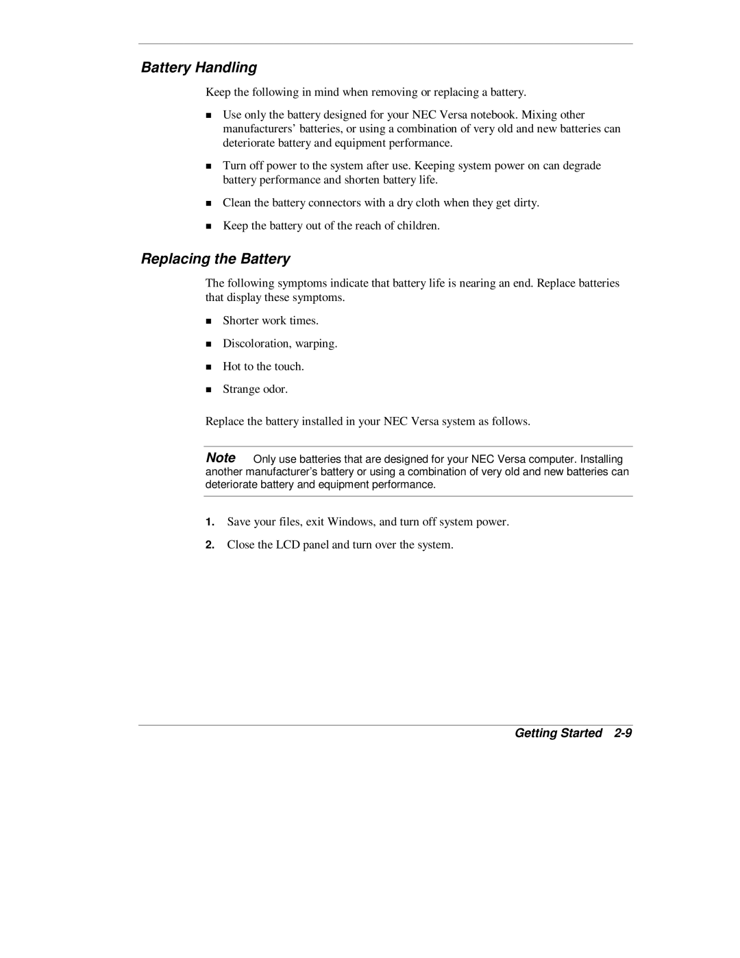 NEC L320 manual Battery Handling, Replacing the Battery 