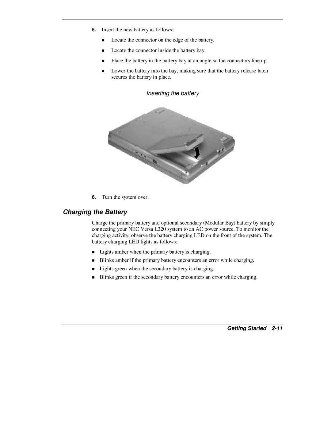 NEC L320 manual Charging the Battery, Inserting the battery 