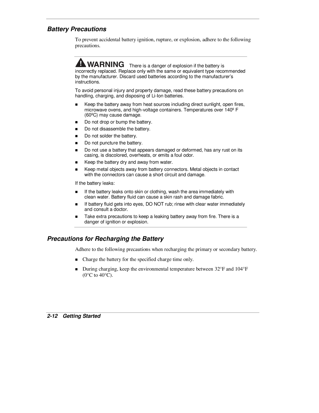 NEC L320 manual Battery Precautions, Precautions for Recharging the Battery 